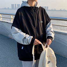 2023秋冬季拼接撞色潮流外套韩版宽松连帽开衫卫衣W6184-P52，男装卫衣，星座512-2