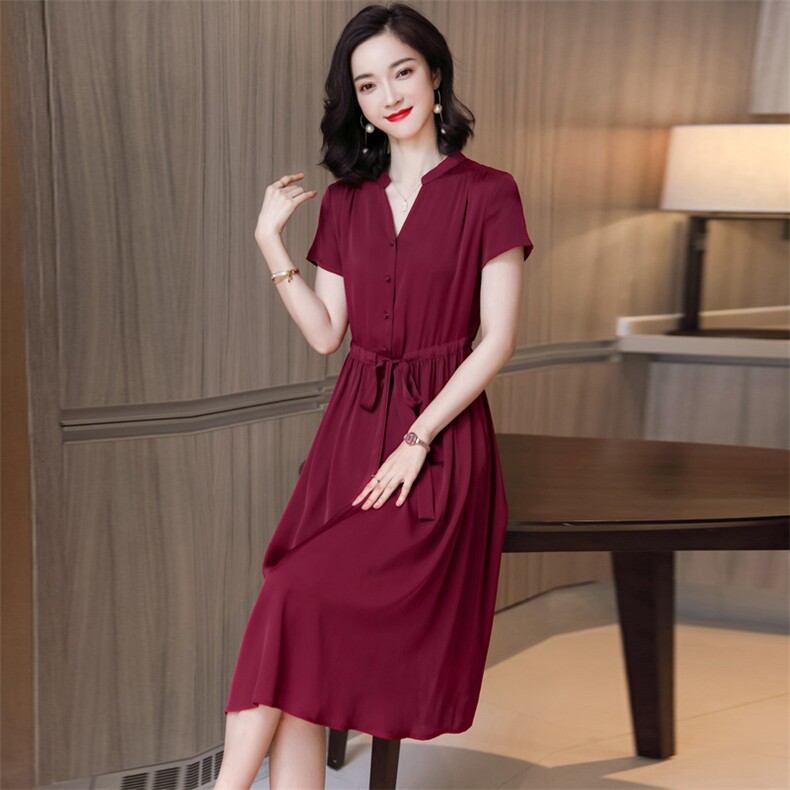 双绉真丝连衣裙夏天时尚气质纯色高档贵夫人大码中年妈妈丝绸裙子,女装连衣裙,阿舍尔精品