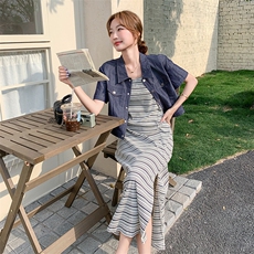 新品现货~时尚牛仔衬衫条纹吊带连衣裙套装538-P150-K228，女装套装/套裙，2C126