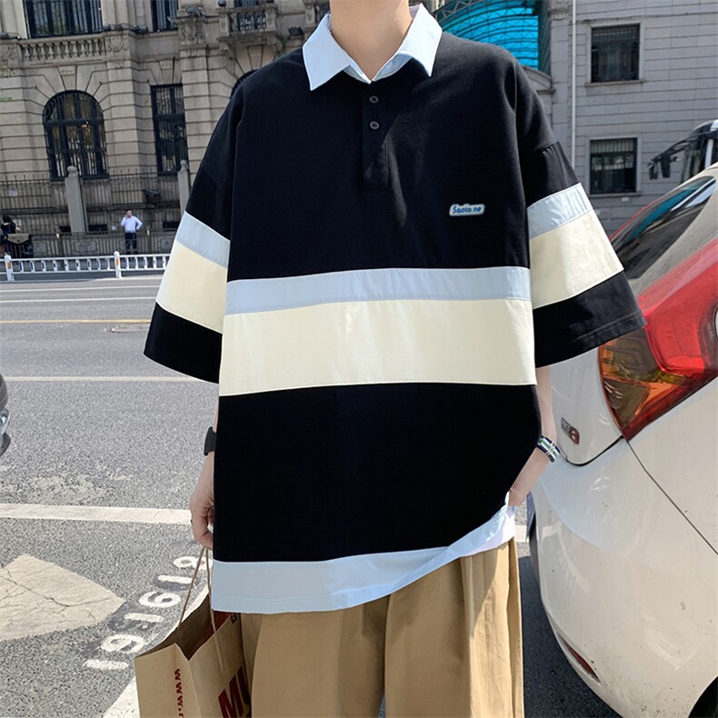 港风拼接撞色Polo衫男夏季半袖T恤韩版潮流短袖T恤 T1040-P35图片