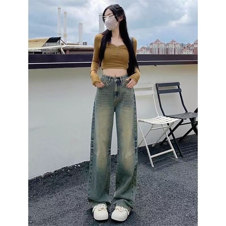 复古水洗做旧阔腿牛仔裤女秋冬季高腰宽松显瘦垂感休闲拖地直筒裤,男装牛仔裤,星座1210-1