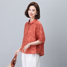 冰丝短袖衬衫女士2024夏季新款妈妈时尚休闲宽松七分裤，女装衬衫，3200格调