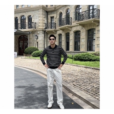 松弛感老钱风黑白条纹针织长袖POLO领套头毛衣F3323/P68，男装针织衫/毛衣，电商A243