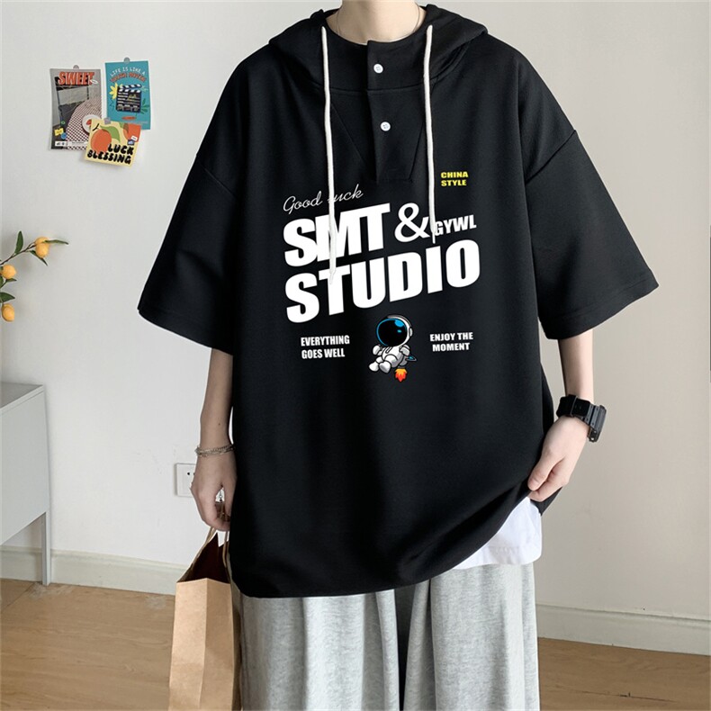 夏季港风冰丝宽松连帽短袖t恤五分体恤上衣TLM21125-P40控58,男装T恤,电商B370