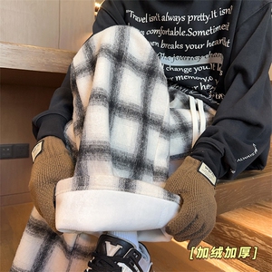 美式复古格子阔腿裤女冬季加绒加厚裤子男 5D2135-TP5098图片