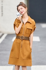 时尚休闲翻领工装风连衣裙女2025夏季新款小个子宽松显瘦短袖裙子，女装连衣裙，美沁