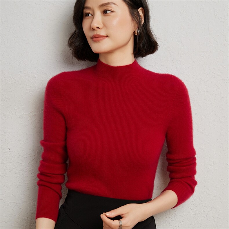 无缝一体抽条羊毛衫女100羊毛半高领高级感针织打底衫上衣毛衣,女装羊绒衫,臻维羊绒