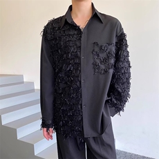 春季新款个性流苏拼接长袖衬衫男潮流复古翻领宽松女衬衫165P85，男装衬衫，星座901-1（原C217）