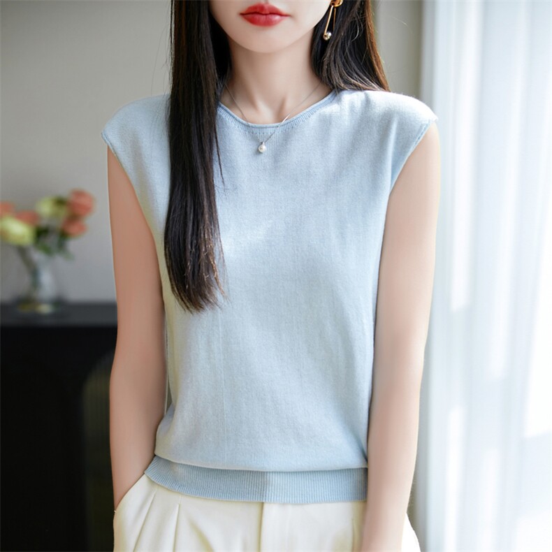 2025年夏季薄款短袖修身型精纺醋酸莱赛尔卷边小飞袖,女装T恤,美杜莎羊绒