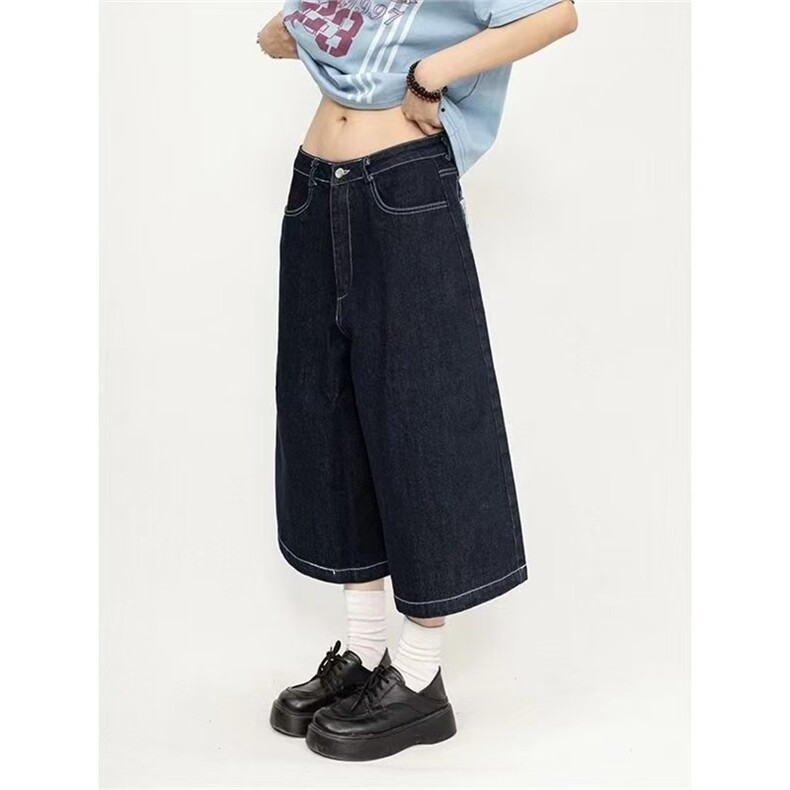 美式高街格子拼接刺绣牛仔短裤女夏季新款宽松直筒中裤阔腿七分裤,男装牛仔裤,星座1210-1