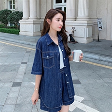 现货~！夏季薄款深蓝牛仔短袖短裤两件套套装女，女装套装/套裙，辉之琳