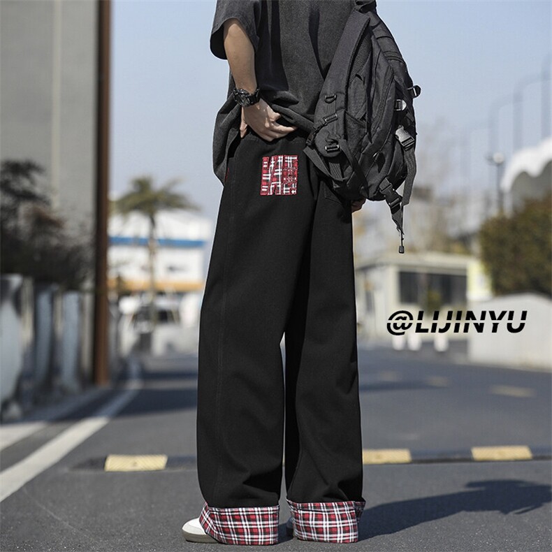 美式复古格子牛仔裤阔腿百搭时尚设计感拖地裤K882特批5089,男装牛仔裤,星座718-1