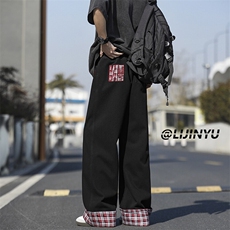 美式复古格子牛仔裤阔腿百搭时尚设计感拖地裤K882特批5089，男装牛仔裤，星座718-1