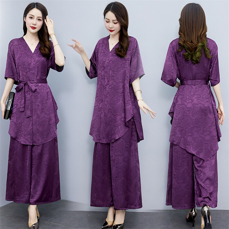 欧货重磅杭州真丝中长款V领两件套24夏季气质桑蚕丝显瘦提花套装，女装套装/套裙，缘衣格
