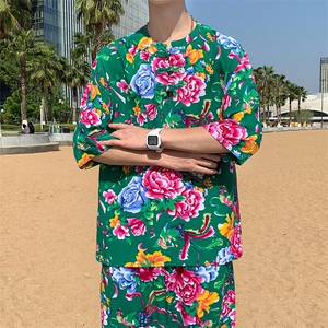 TZ340男士春夏风大花布套装大码宽松凉爽透气民族风个性外套图片
