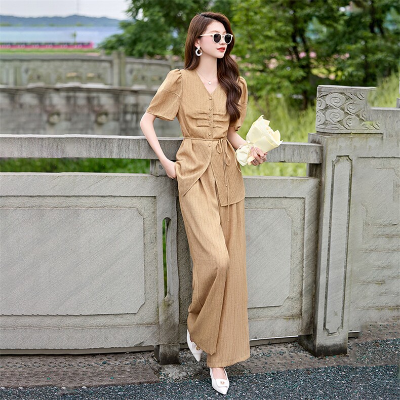 休闲时尚职业套装女2024夏季新款设计感气质高腰垂感阔腿裤两件套,女装套装/套裙,尚娜萱