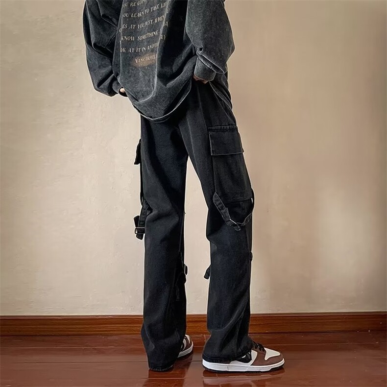 美式vibe裤子ins高街潮牌绑带牛仔裤男直筒拉链工装裤N3840-P50,男装牛仔裤,星座1008