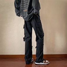 美式vibe裤子ins高街潮牌绑带牛仔裤男直筒拉链工装裤N3840-P50，男装牛仔裤，星座1008