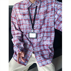 现货~扎染格子大码长袖衬衫C5885/特P28红，男装衬衫，电商A094