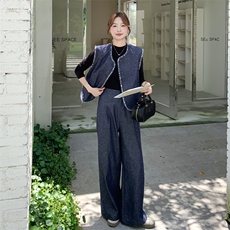 韩系复古牛仔马甲套装女2025秋季新款小个子设计感上衣长裤三件套，女装套装/套裙，2C170