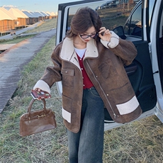皮毛一体冬天外套女2024新款厚羊羔毛小个子机车复古翻领短款棉服，女装棉衣/棉服，2C305