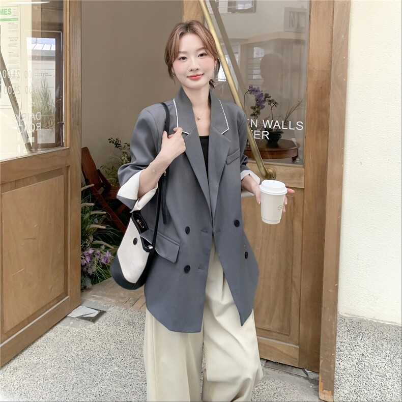 高级感撞色毛边西装外套女2025秋季新款老钱风气质宽松百搭小西服,女装西装,2C259