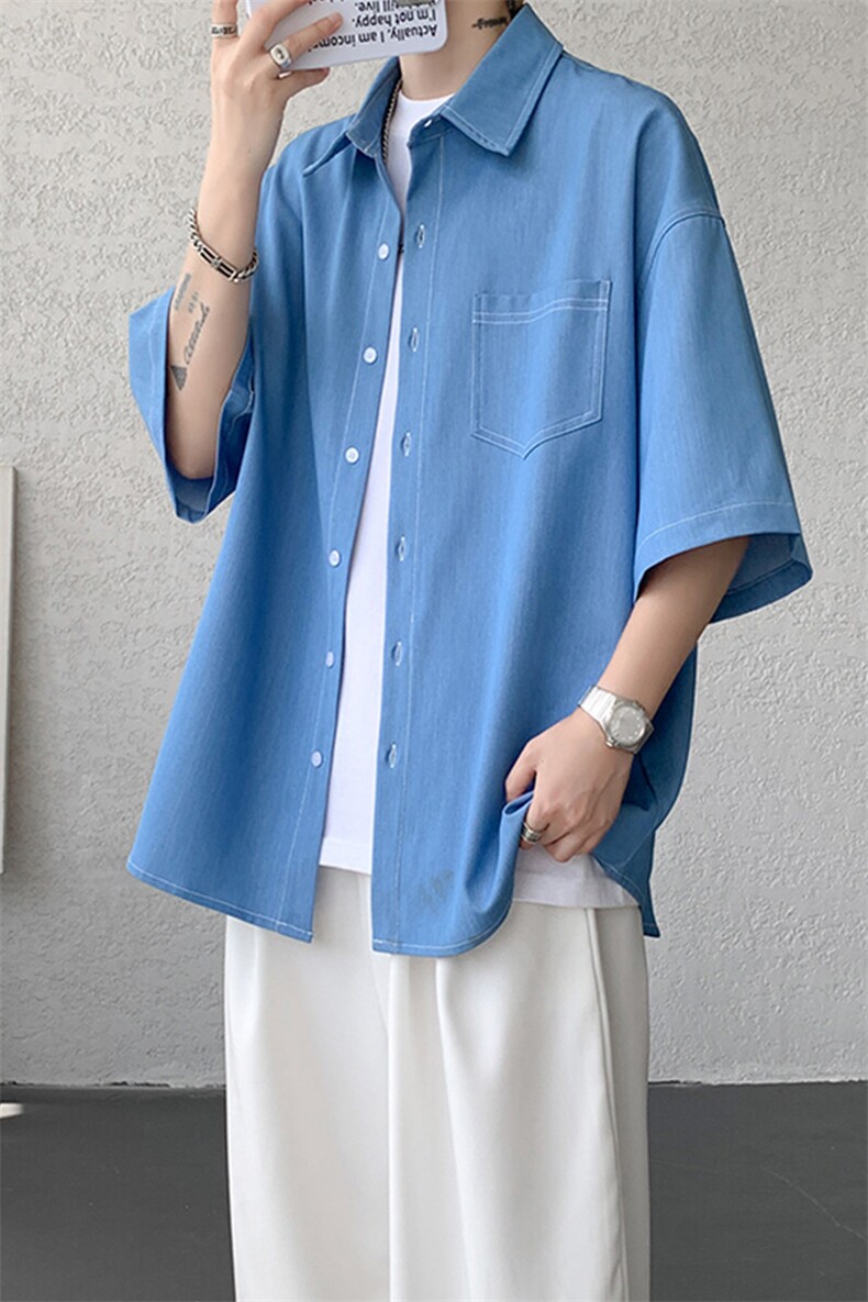 8XL-M冰丝牛仔短袖衬衫男款夏季薄款宽松慵懒衬衣外套DC28006P60,男装T恤,电商B312