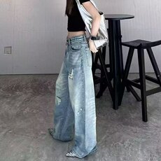 N890-P45美式高级复古洗水蓝色镰刀牛仔裤女春夏新款宽松显瘦，男装牛仔裤，电商B323A