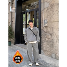 灰色重磅结构卫裤男秋冬美式高街vibe裤子直筒阔腿加绒休闲运动裤，男装休闲裤，星座506A