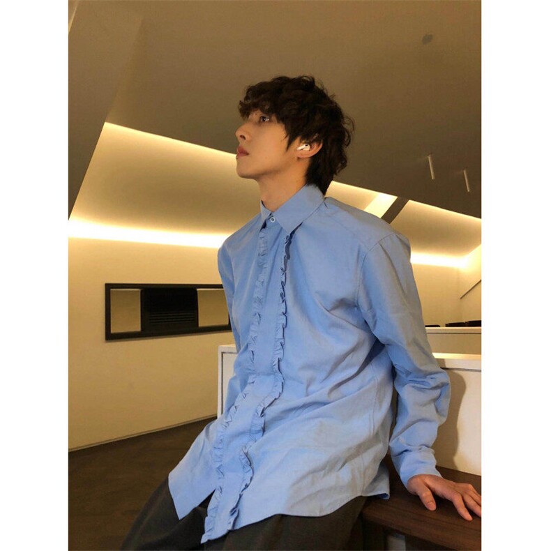 奶蓝色木耳边冰丝衬衫设计感高级衬衣男潮少年感穿搭上衣CS917,男装衬衫,星座1116A（原606A-3）