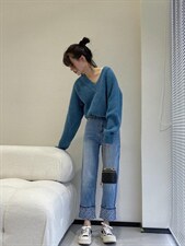 翻边字母直筒牛仔裤，女装牛仔裤，朵朵鱼