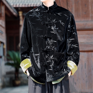 中式新款男士大码丝绒压花竹叶外套加厚JK9913-p115控188图片