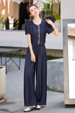 复古减龄天丝牛仔套装女2025夏季新款休闲短袖上衣阔腿长裤两件套，女装套装/套裙，芭米依尚