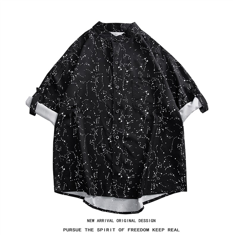 C9038/P35新款冰丝垂感立领星空衬衣男满天星衬衫男七分袖可调节,男装衬衫,电商A141