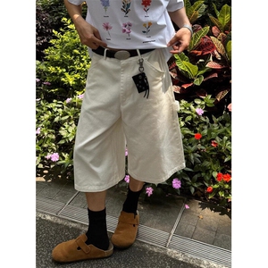 白色牛仔短裤男潮流韩版纯色休闲七分裤直筒宽松百搭阔腿中裤图片