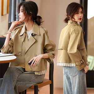 爆【现货】卡其色小个子短款风衣外套女宽松休闲上衣双排扣外套女，女装风衣，鑫源服饰