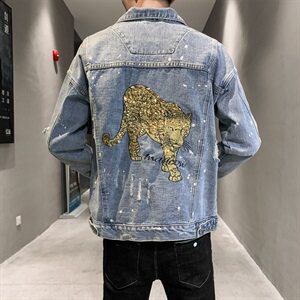 2021春秋款豹子亮片牛仔夹克外套日系牛仔衣男QT6027-J图片
