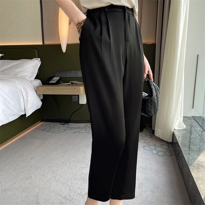 女夏薄款高腰九分宽松休闲纯色百搭裤子,女装休闲裤,高粱穗羊绒