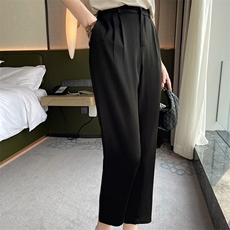 女夏薄款高腰九分宽松休闲纯色百搭裤子，女装休闲裤，高粱穗羊绒
