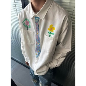 小众设计感涂鸦手绘领带长袖衬衫男款学院风宽松休闲白色衬衣外套图片