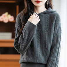 2025年秋季新款双环扭花针织羊毛帽衫时尚休闲通勤百搭，女装羊毛衫，片语羊绒