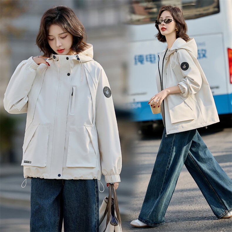 时尚休闲连帽工装外套女2025春新款宽松百搭超好看冲锋衣夹克上衣,女装短外套,悦祺