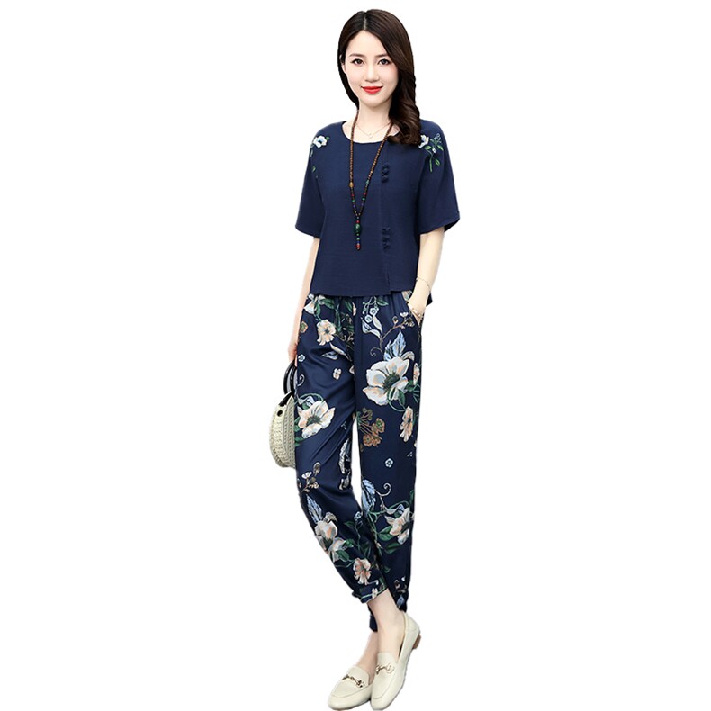 棉麻套装女夏2025年新款休闲时尚亚麻印花小个子哈伦萝卜裤两件套,女装套装/套裙,关键词