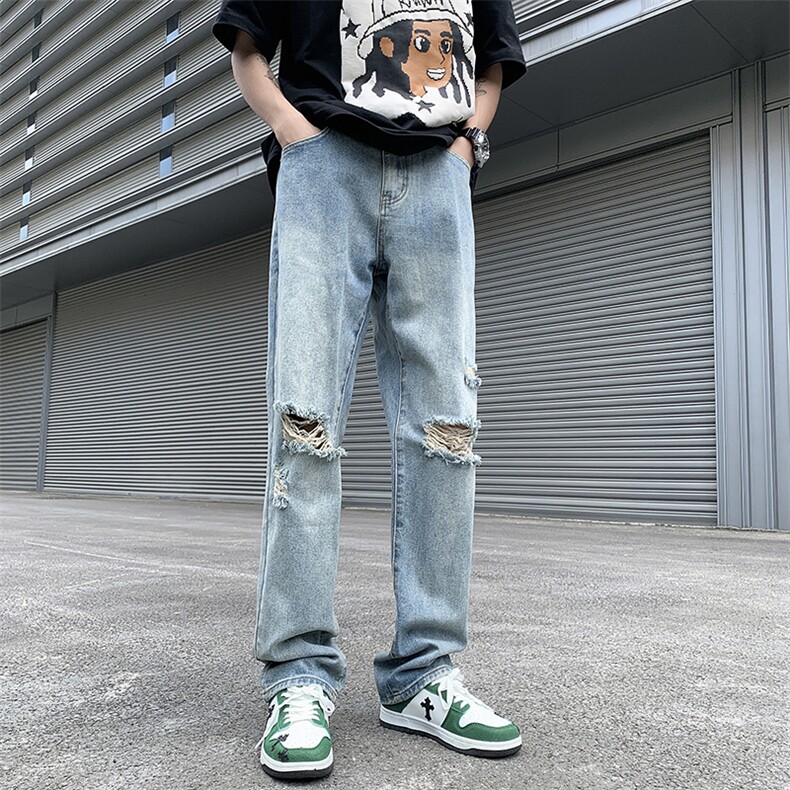 牛仔裤男夏季水洗美式高街复古直筒潮牌宽松阔腿百搭裤N06046-P42图片