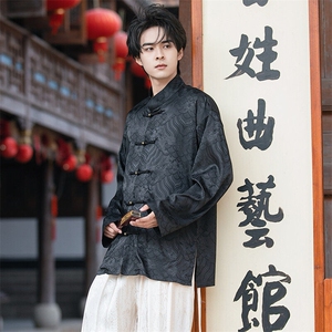 春夏新中式缎面海水江崖提花铜扣盘扣立领长袖男女衬衫30529 P75图片