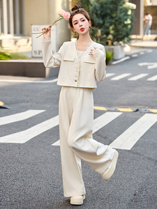 小香风西装套装女2025开春新款韩系高级松弛感职业气质阔腿裤穿搭图片