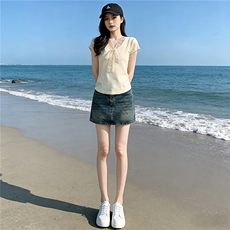 时尚气质套装裙女夏季新款显瘦V领蕾丝拼接针织衫牛仔短裙两件套，女装套装/套裙，江南