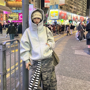 抖音得物高品质 25秋冬美式高街宽松结构防风高领连帽卫衣外套W60图片