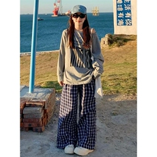 美式复古格子休闲裤男女款cleanfit慵懒松弛感裤子宽松直筒阔腿裤，女装休闲裤，星座1210-1