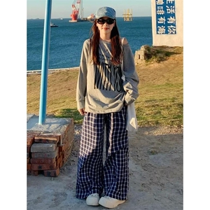 美式复古格子休闲裤男女款cleanfit慵懒松弛感裤子宽松直筒阔腿裤图片